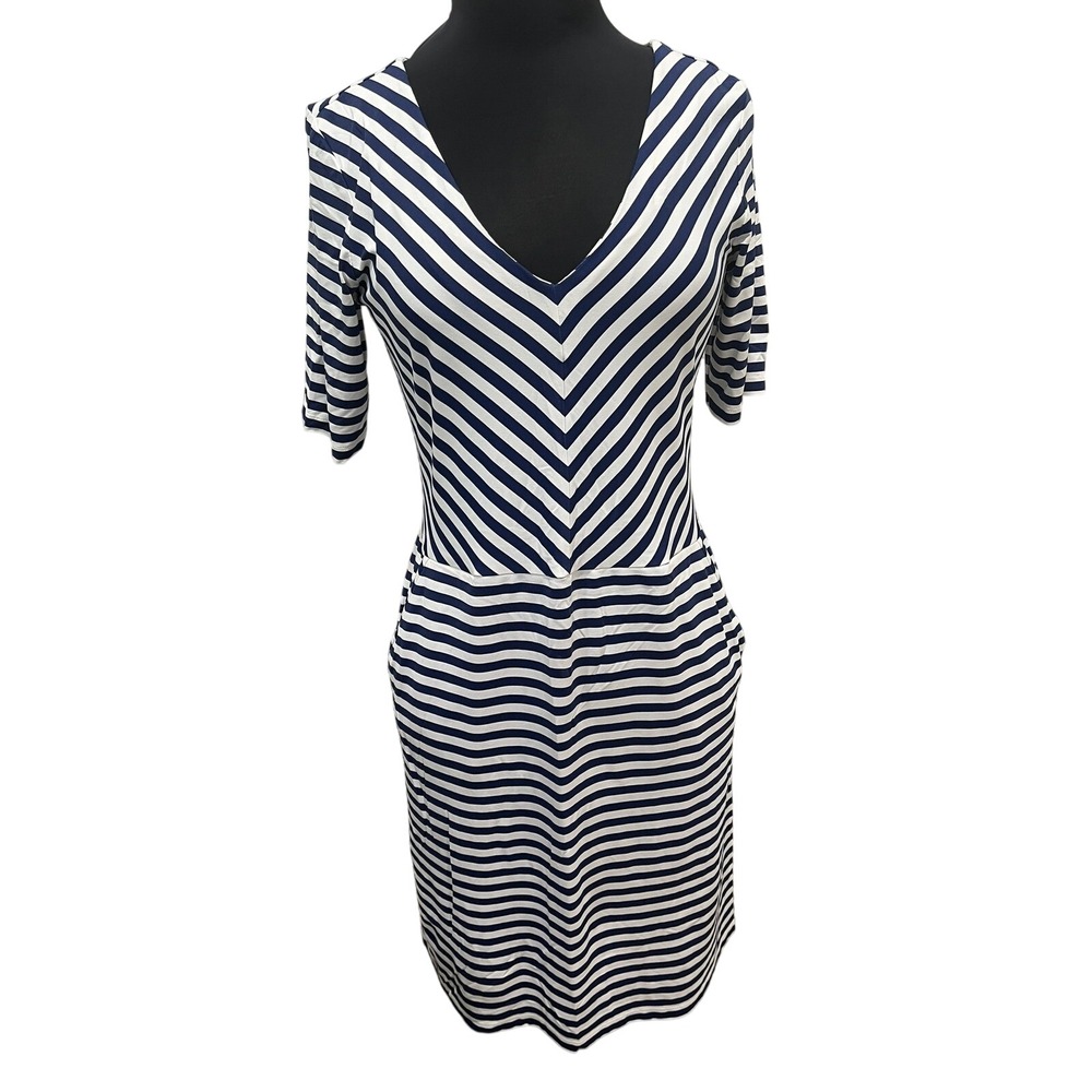 J.McLaughlin Catalina Cloth Striped V-Neck Pocket‎ Dress Navy White Medium